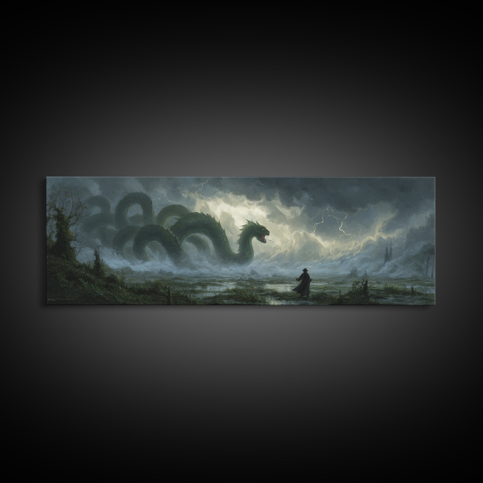 Storm Hydra Rising From Misty Swamp Wall Art, Dark Fantasy Canvas Print, Mythical Monster Home Decor, Gothic Gift For Him