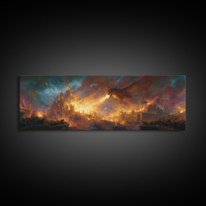 Fire Breathing Dragon Over Burning City Wall Art, Epic Fantasy Canvas Print, Medieval Castle Home Decor, Gamer Gift For Him