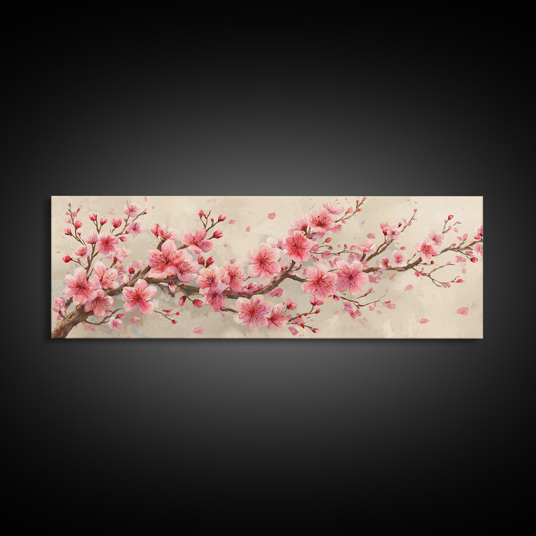 Pink Cherry Blossom Branch Canvas Print, Japanese Spring Wall Art, Botanical Floral Decor, Above Bed Panoramic Artwork Gift