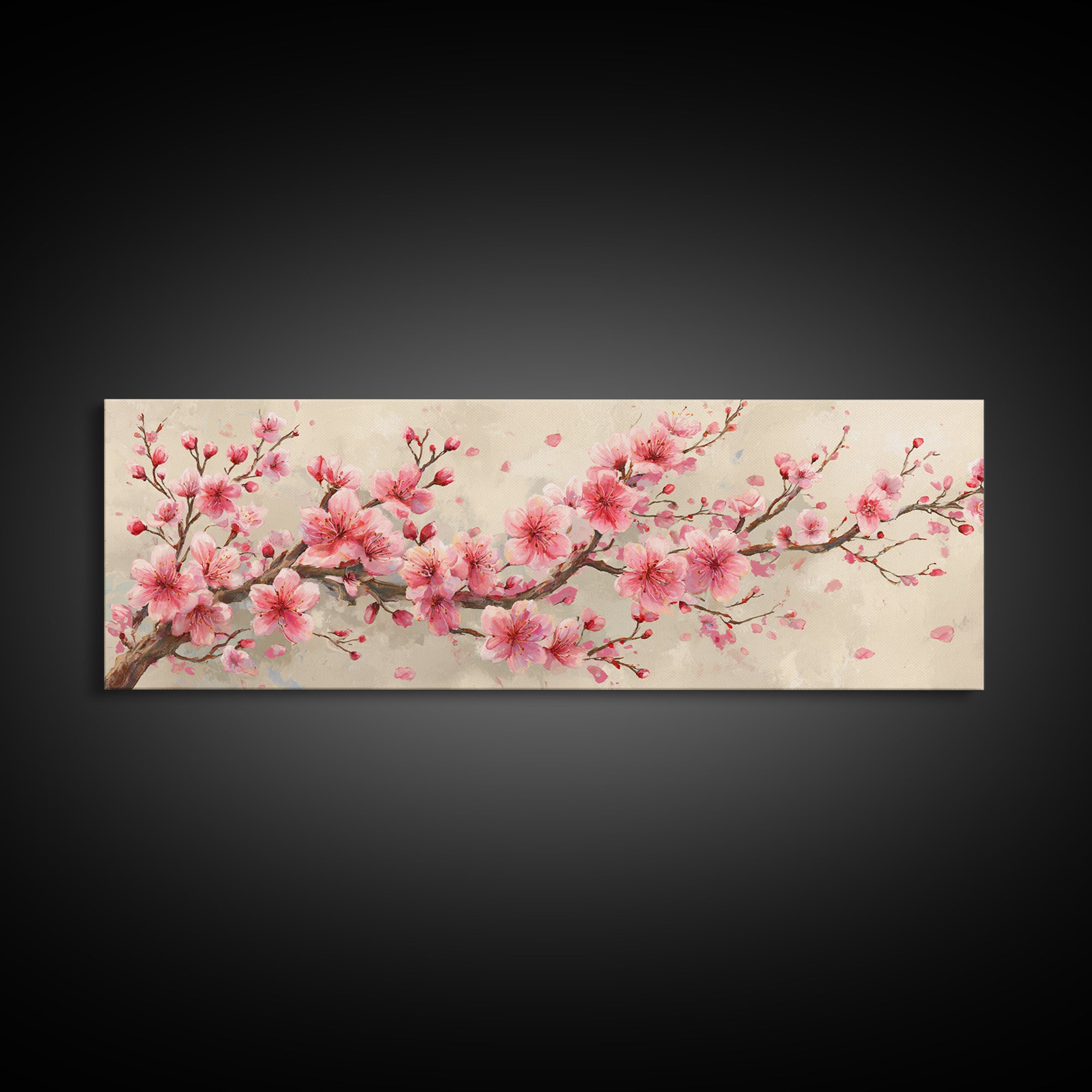 Pink Cherry Blossom Branch Canvas Print, Japanese Spring Wall Art, Botanical Floral Decor, Above Bed Panoramic Artwork Gift