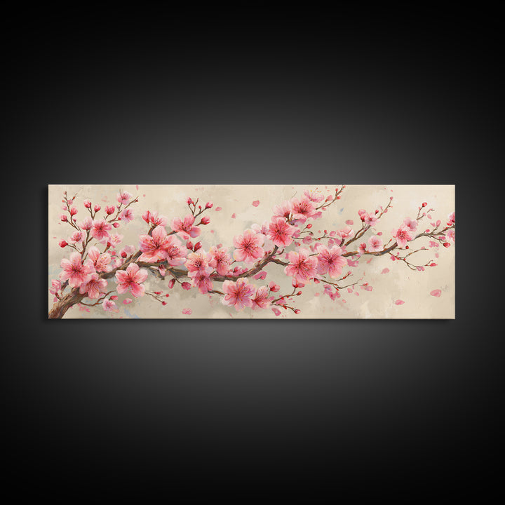 Pink Cherry Blossom Branch Canvas Print, Japanese Spring Wall Art, Botanical Floral Decor, Above Bed Panoramic Artwork Gift
