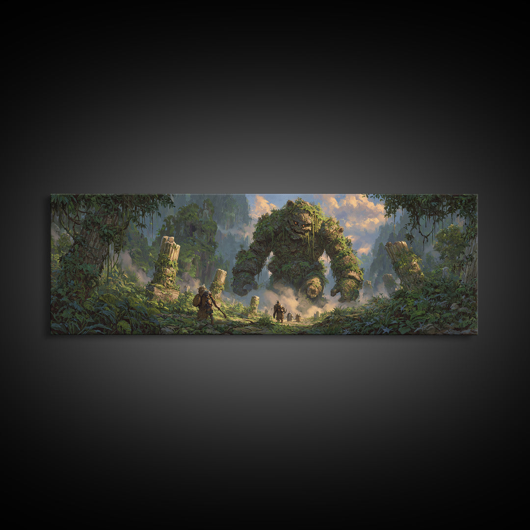 Ancient Jungle Golem Ruins With Adventurers Canvas Print, Fantasy Wall Decor, Large Landscape Art, Mythical Home Decor Gift