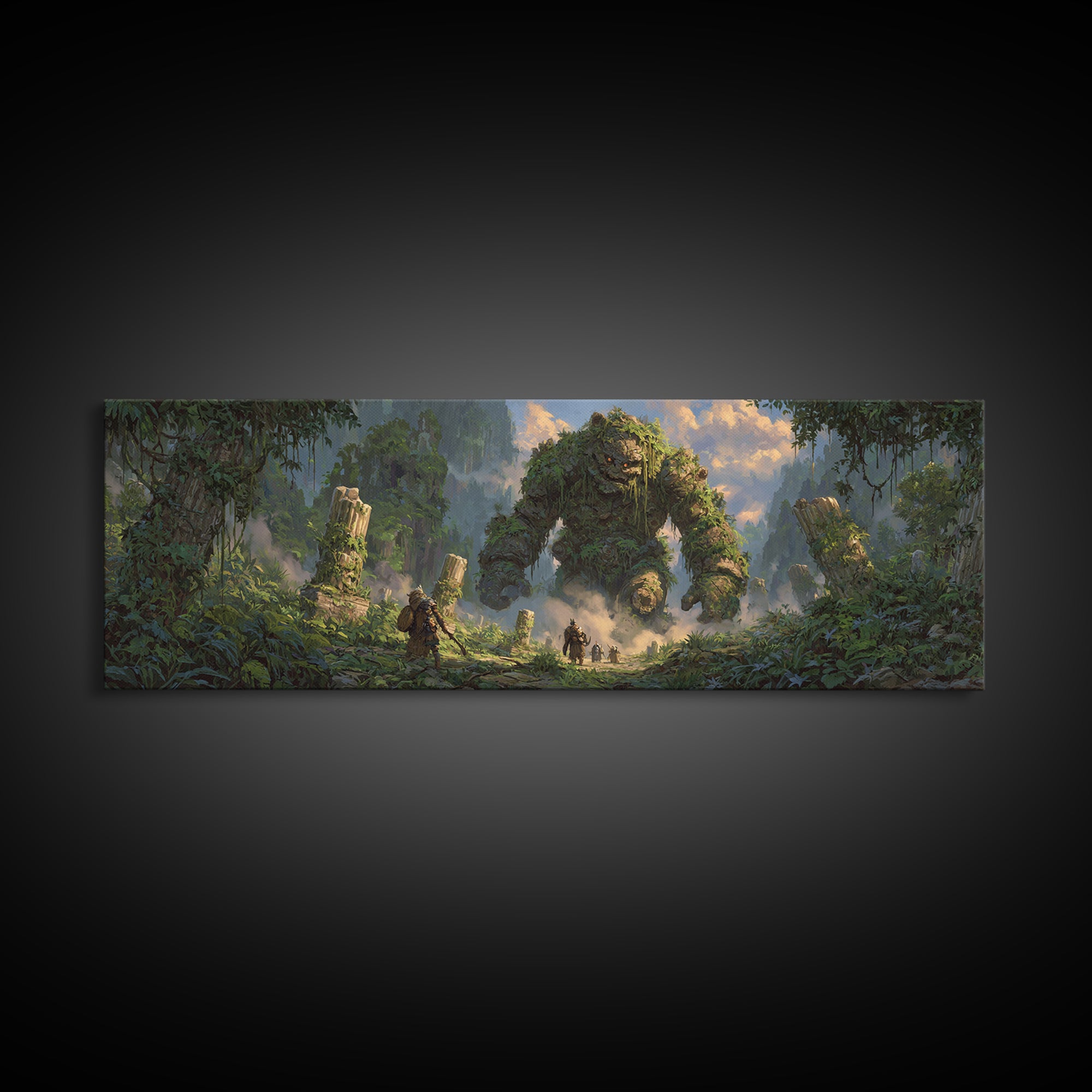 Ancient Jungle Golem Ruins With Adventurers Canvas Print, Fantasy Wall Decor, Large Landscape Art, Mythical Home Decor Gift