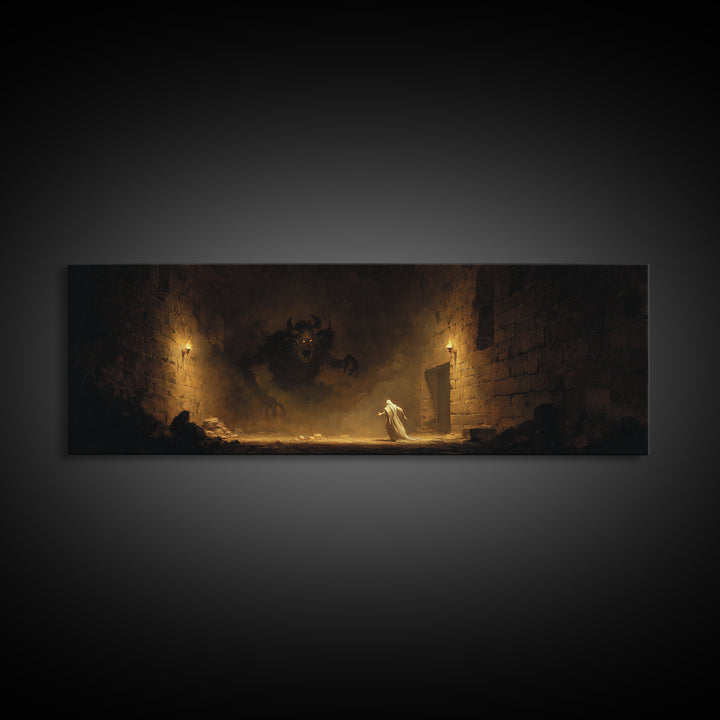 Torchlit Dungeon Minotaur Encounter Framed Canvas Print, Dark Fantasy Wall Art, Gothic Decor, Fantasy Gift For Him, Moody Wall Decor