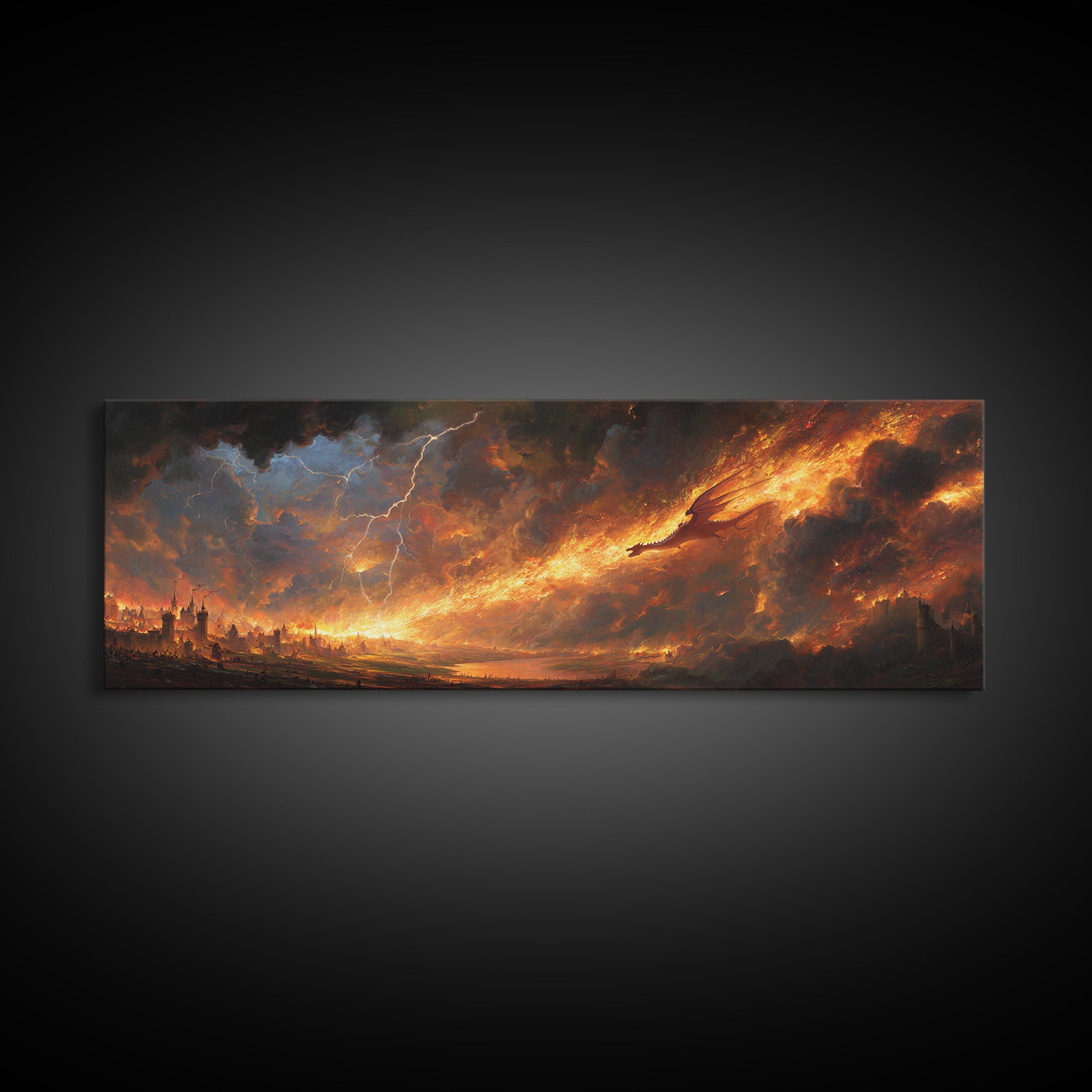 Apocalyptic Fire Dragon Over Burning City Canvas Print, Dark Fantasy Wall Art, Stormy Landscape, Dramatic Game Room Decor