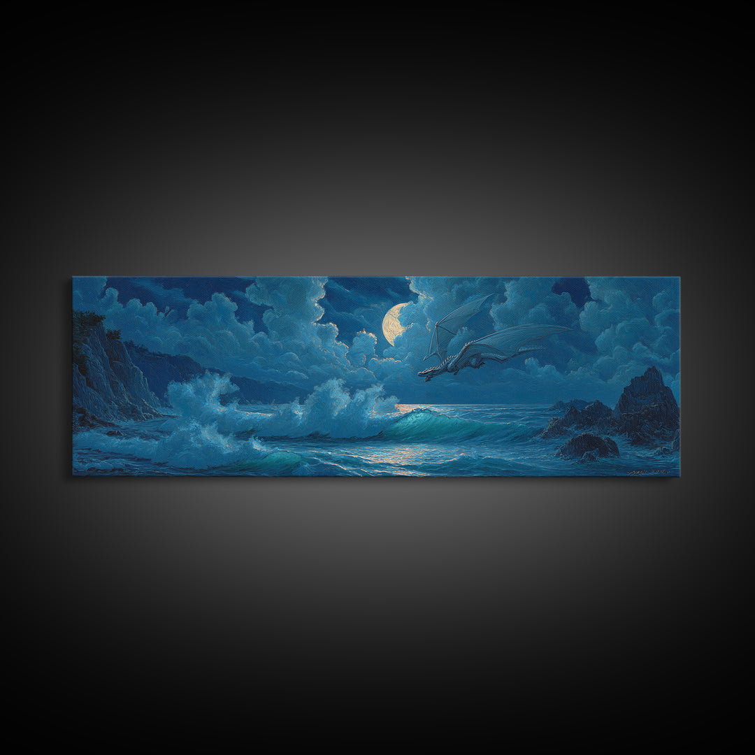 Moonlit Ocean Dragon Above Crashing Waves Canvas Print, Fantasy Wall Art, Nautical Decor, Blue Coastal Seascape Print Gift