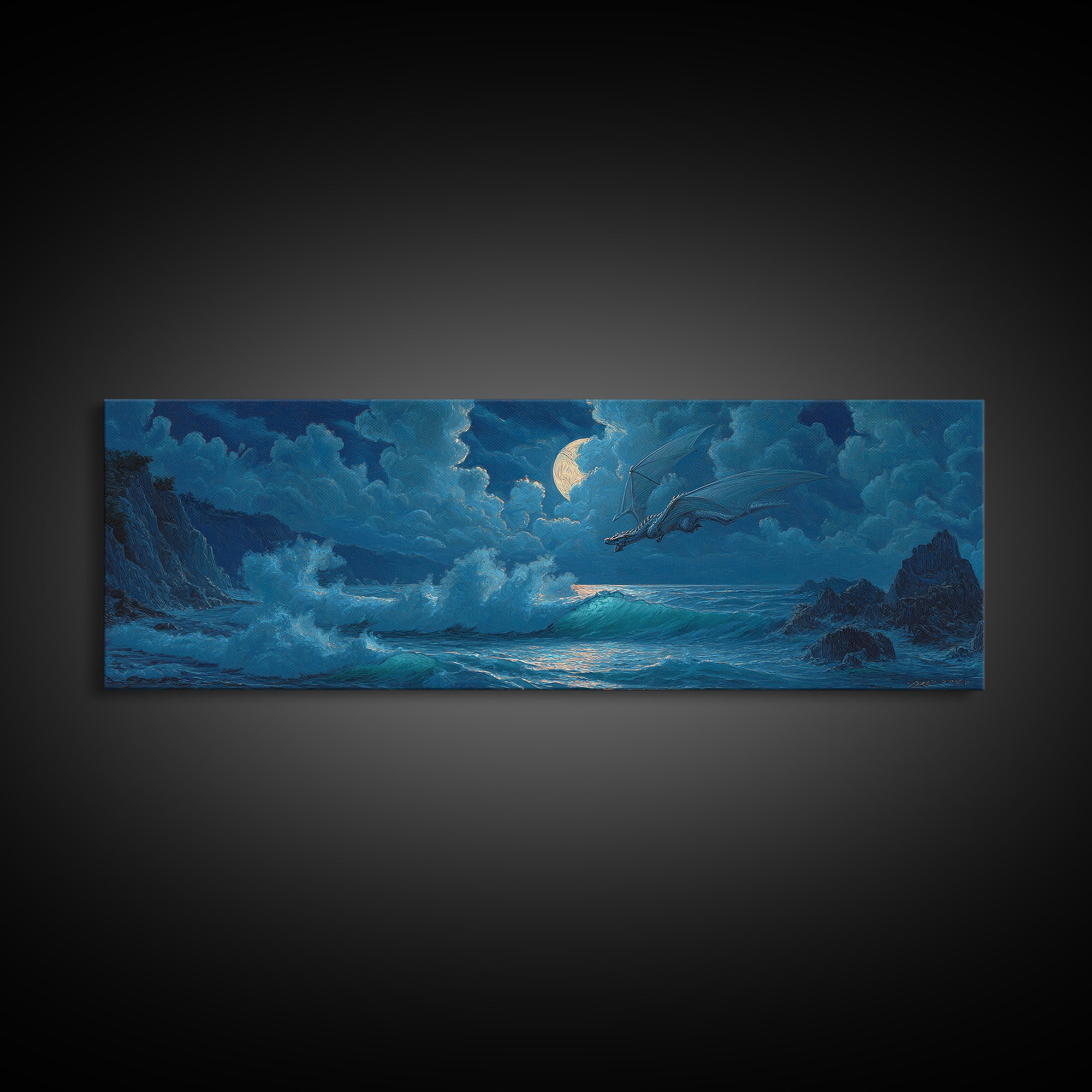 Moonlit Ocean Dragon Above Crashing Waves Canvas Print, Fantasy Wall Art, Nautical Decor, Blue Coastal Seascape Print Gift