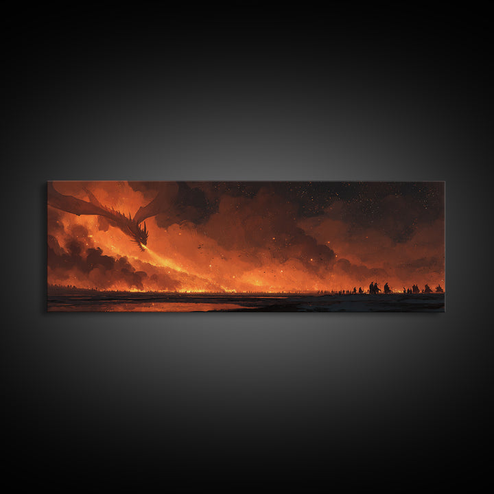 Fiery Dragon Horde Crossing Ashen Battlefield Canvas Print, Dark Fantasy Wall Art, Epic Dragon Art, Gaming Room Decor, Gift