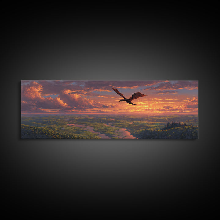 Sunset Dragon Flight Over River Valley Canvas Print, Fantasy Landscape Wall Art, Colorful Nature Art, Living Room Decor Gift