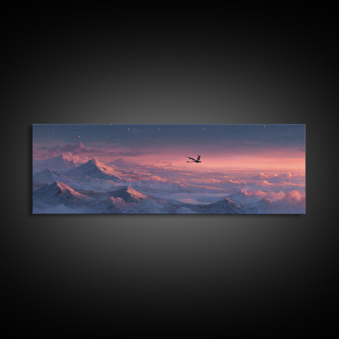 Pink Alpine Dragon Above Snowy Peaks Canvas Print, Fantasy Landscape Wall Art, Mountain Wall Art, Dreamy Bedroom Decor, Gift