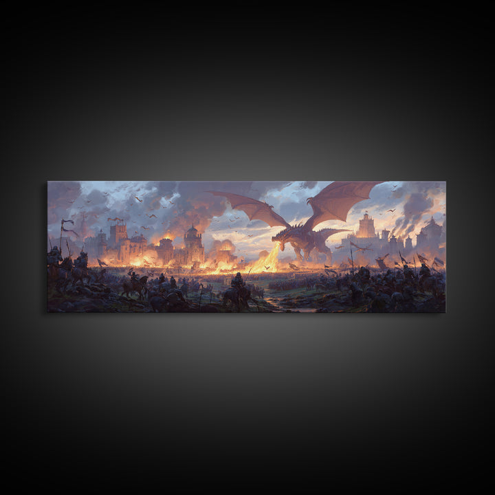 Epic Dragon Siege Over Burning Kingdom Framed Canvas Print, Fantasy Wall Art, Medieval Battle Decor, Game Room Art, Large Wall Decor