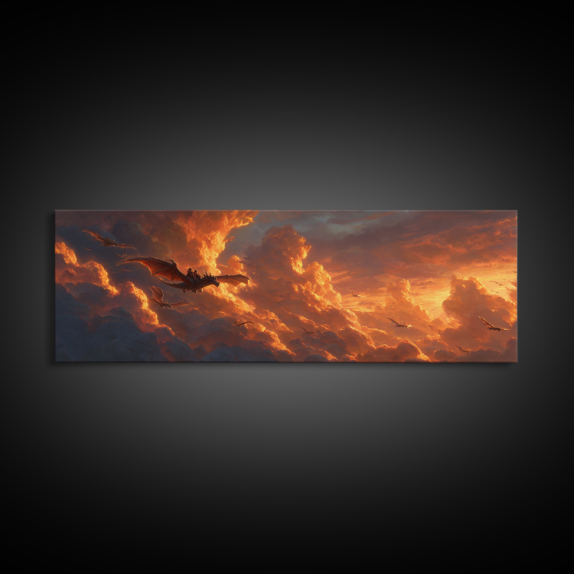 Golden Storm Clouds With Soaring Dragons Canvas Print, Fantasy Wall Art, Sunset Sky Decor, Epic Landscape Art Print, Living Room Decor