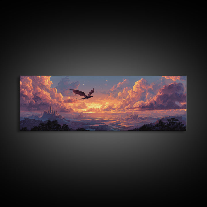 Pastel Dragon Over Cloud Castles At Sunset Canvas Print, Fantasy Landscape Wall Art, Whimsical Decor, Dreamy Nursery Art