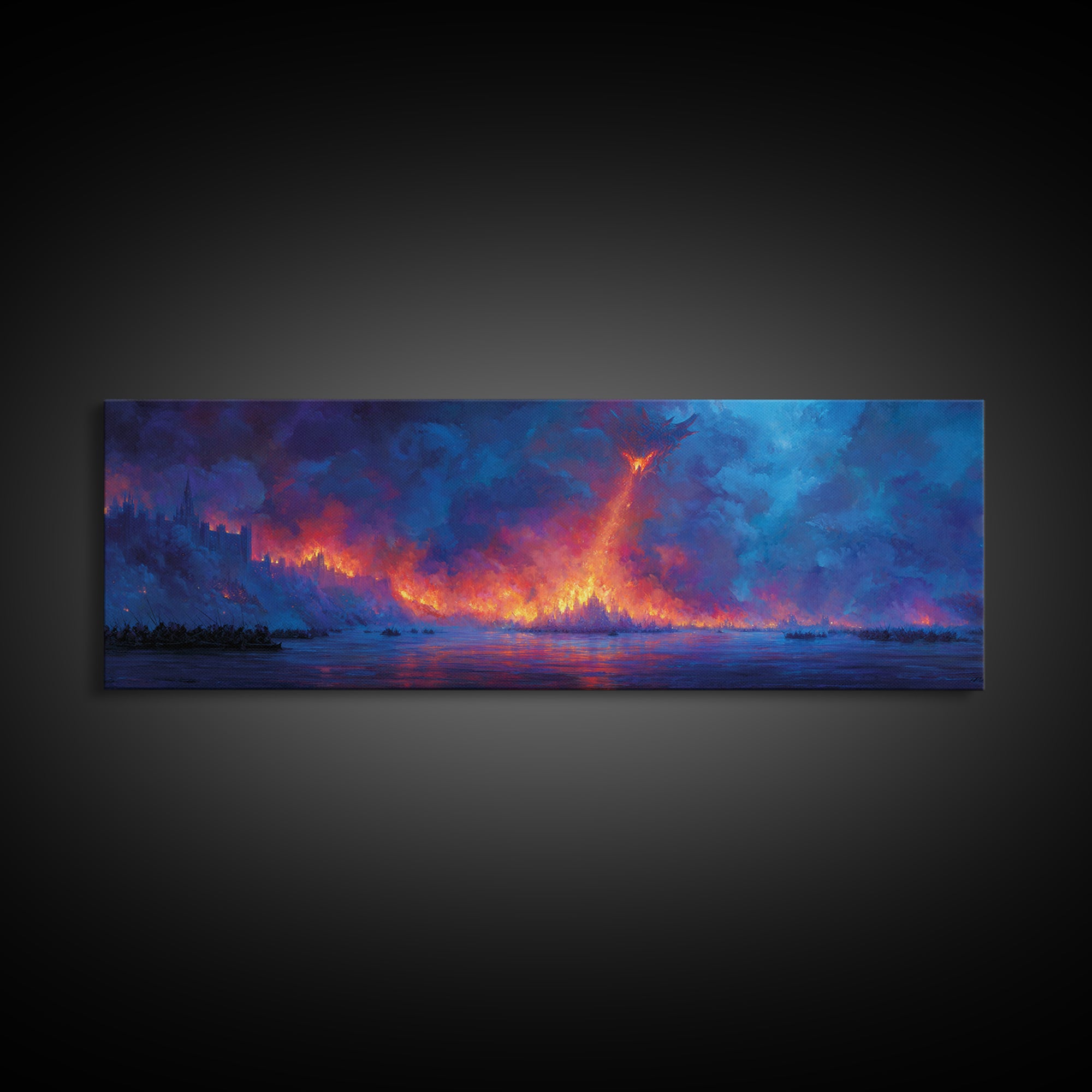 Fire Dragon Over Burning Forest Wall Art, Fantasy Landscape Canvas Print, Dark Moody Wall Decor, Panoramic Art Gift For Him