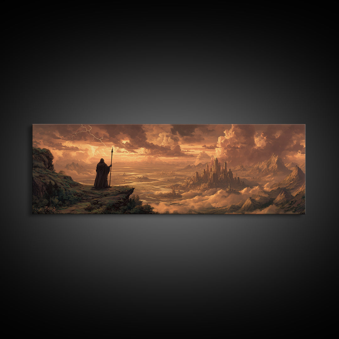 Wizard Over Golden Cloud City Framed Canvas Print, Fantasy Landscape Wall Art, Medieval Home Decor, Epic Castle Gift For Him