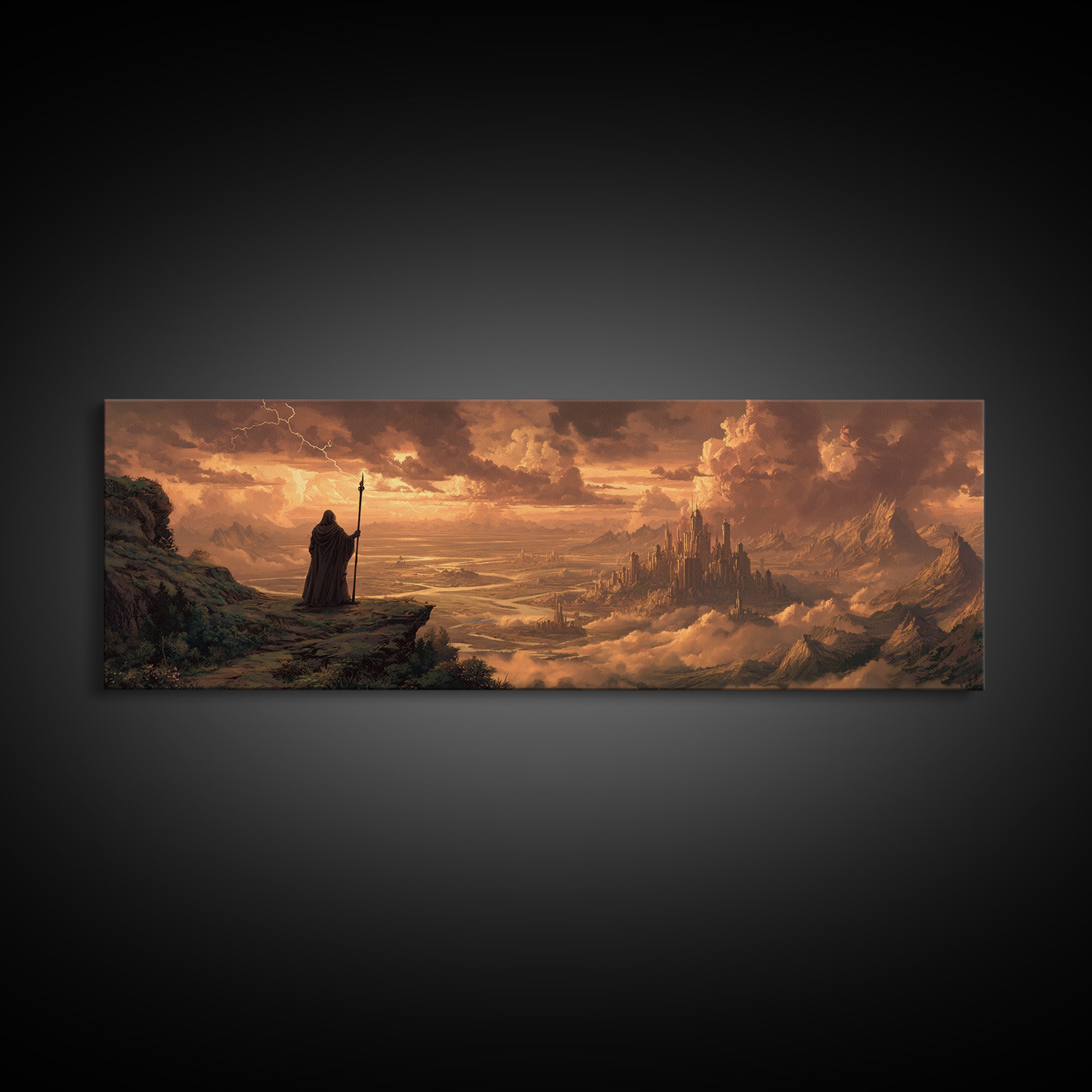 Wizard Over Golden Cloud City Framed Canvas Print, Fantasy Landscape Wall Art, Medieval Home Decor, Epic Castle Gift For Him