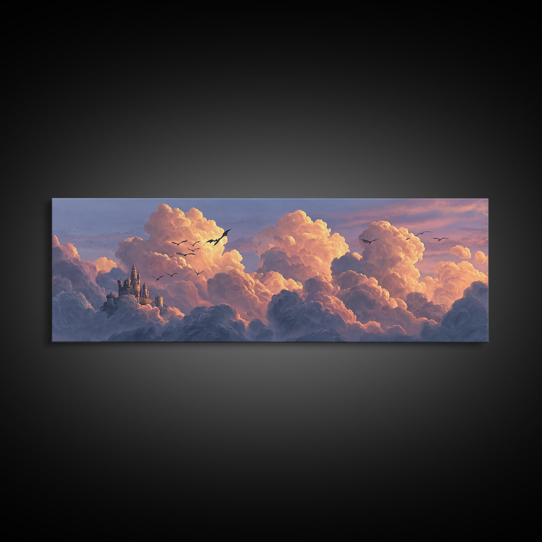 Pastel Castle In Pink Clouds Canvas Print, Dreamy Fantasy Wall Art, Nursery Decor, Whimsical Cloudscape Art, Gift For Her