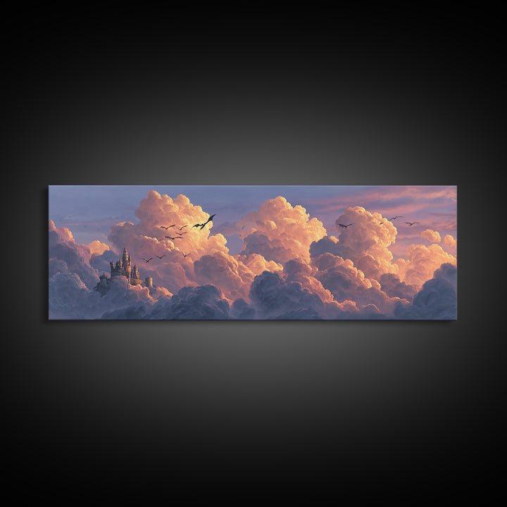 Pastel Castle In Pink Clouds Canvas Print, Dreamy Fantasy Wall Art, Nursery Decor, Whimsical Cloudscape Art, Gift For Her