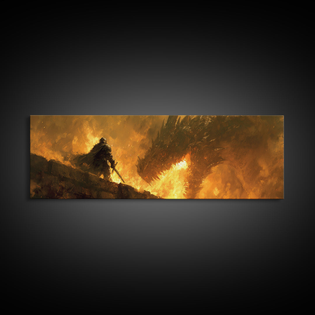 Lone Warrior Facing Fire Dragon Wall Art, Dark Fantasy Canvas Print, Epic Battle Decor, Medieval Gift For Him, Large Art