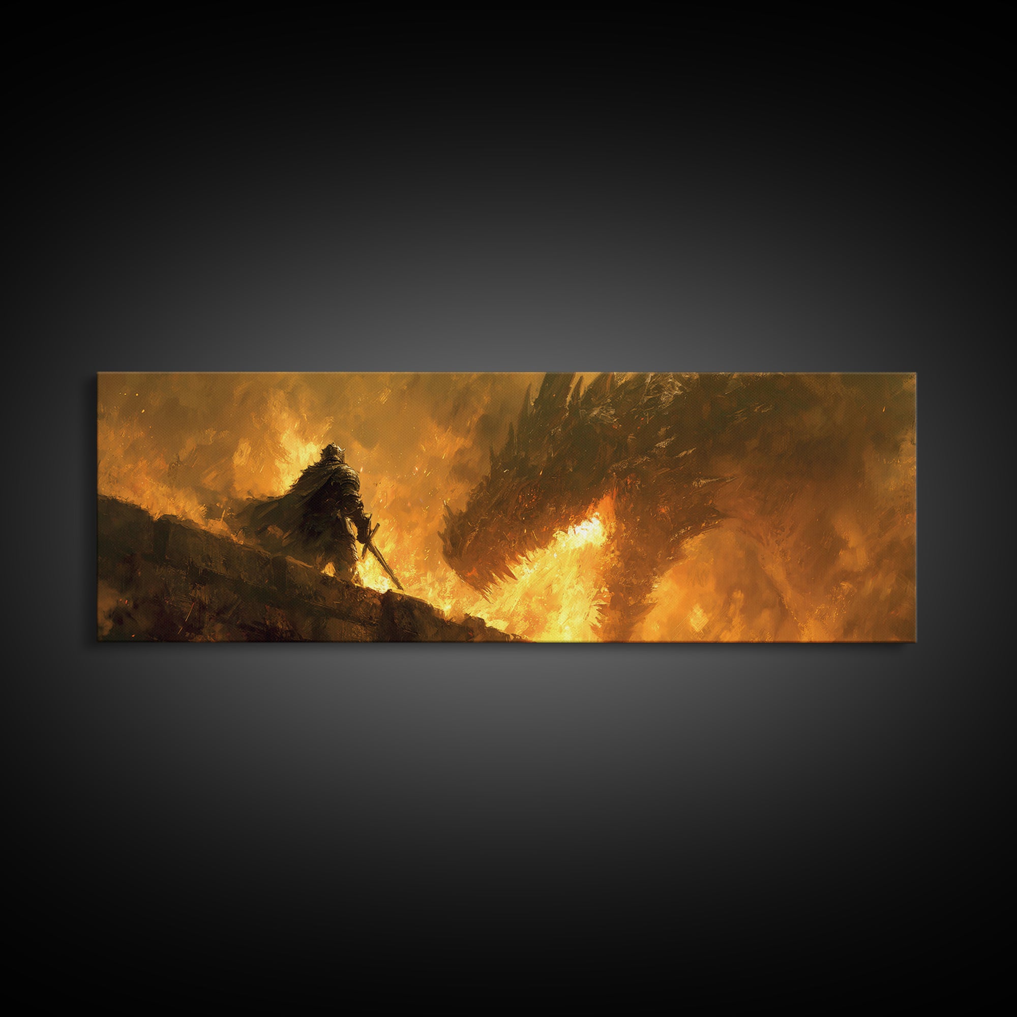 Lone Warrior Facing Fire Dragon Wall Art, Dark Fantasy Canvas Print, Epic Battle Decor, Medieval Gift For Him, Large Art