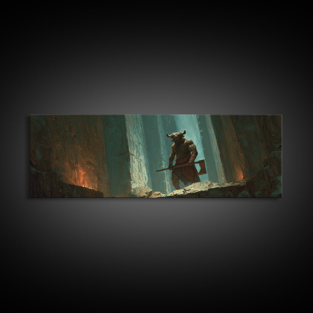 Minotaur Warrior In Ancient Forest Framed Canvas Print, Dark Fantasy Wall Art, Gothic Decor, Mythological Art Gift For Him
