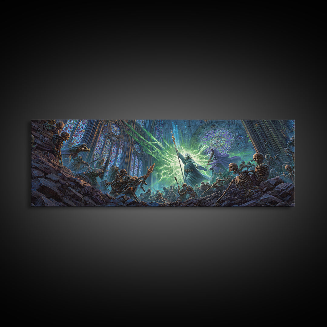Necromancer Battle In Gothic Cathedral Wall Art, Dark Fantasy Canvas Print, Skeleton Decor, Surreal Magic Art Gift For Him