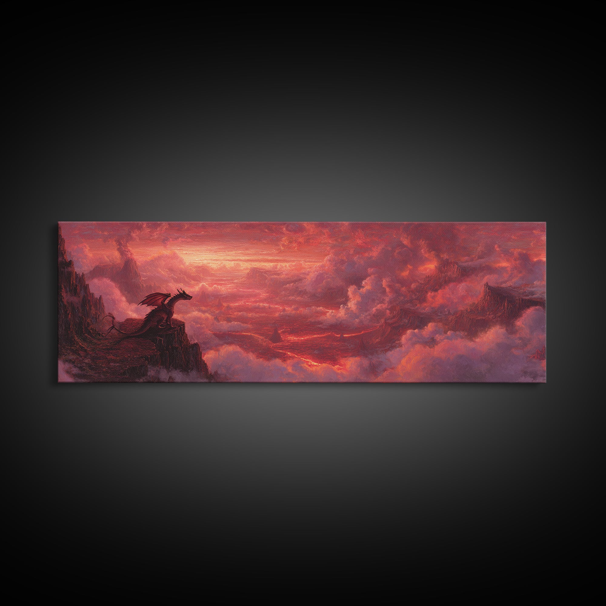 Red Dragon On Volcanic Cliff Wall Art, Dark Fantasy Landscape Canvas Print, Gothic Decor, Moody Panoramic Art Gift For Him