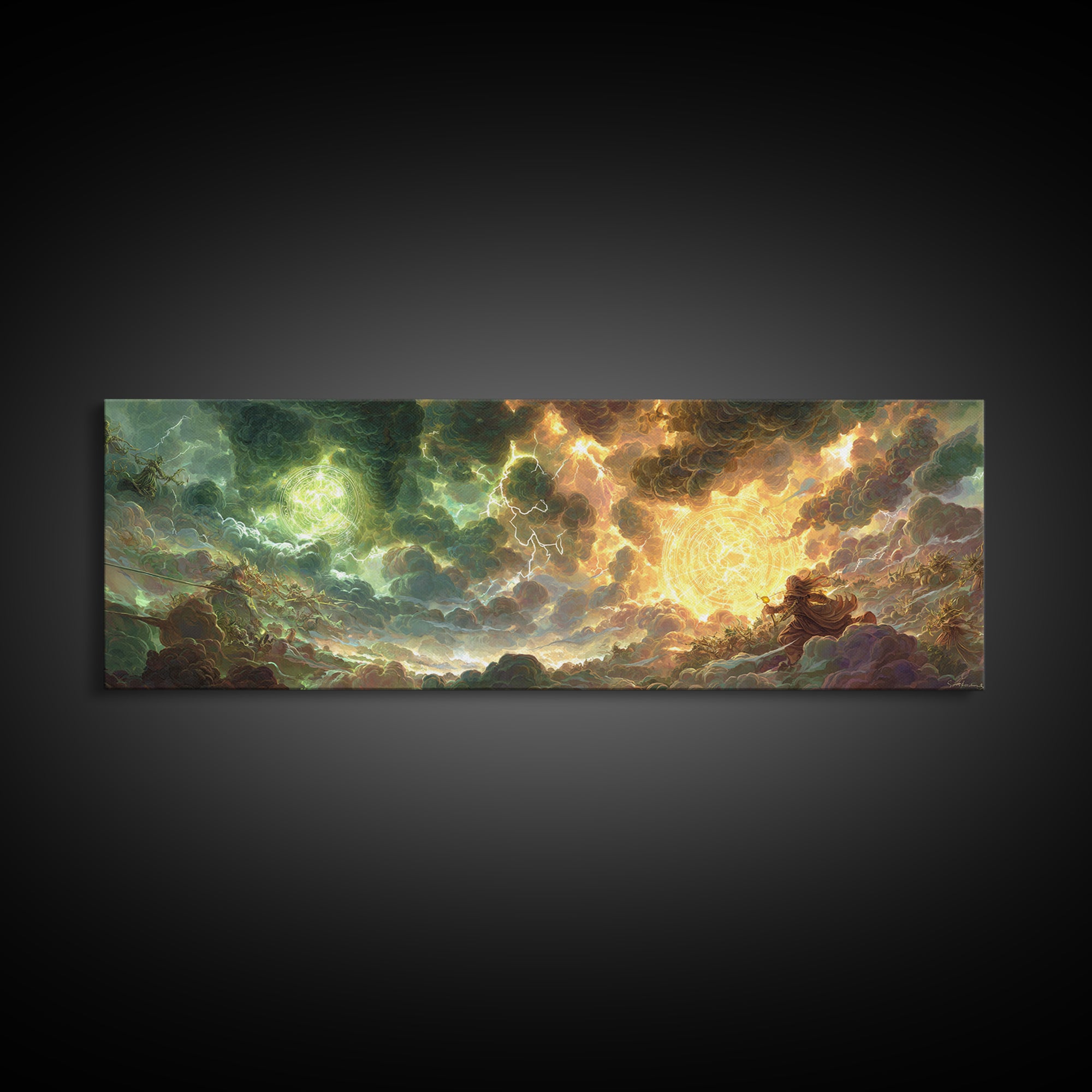 Celestial Storm Kingdom With Golden Light Framed Canvas Print, Fantasy Wall Art, Surreal Landscape Decor, Epic Gift For Him