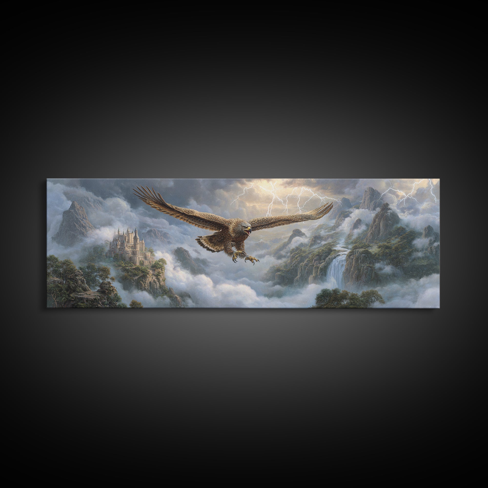 Soaring Eagle Over Misty Castle Mountains Framed Canvas Print, Fantasy Landscape Wall Art, Stormy Medieval Home Decor Gift