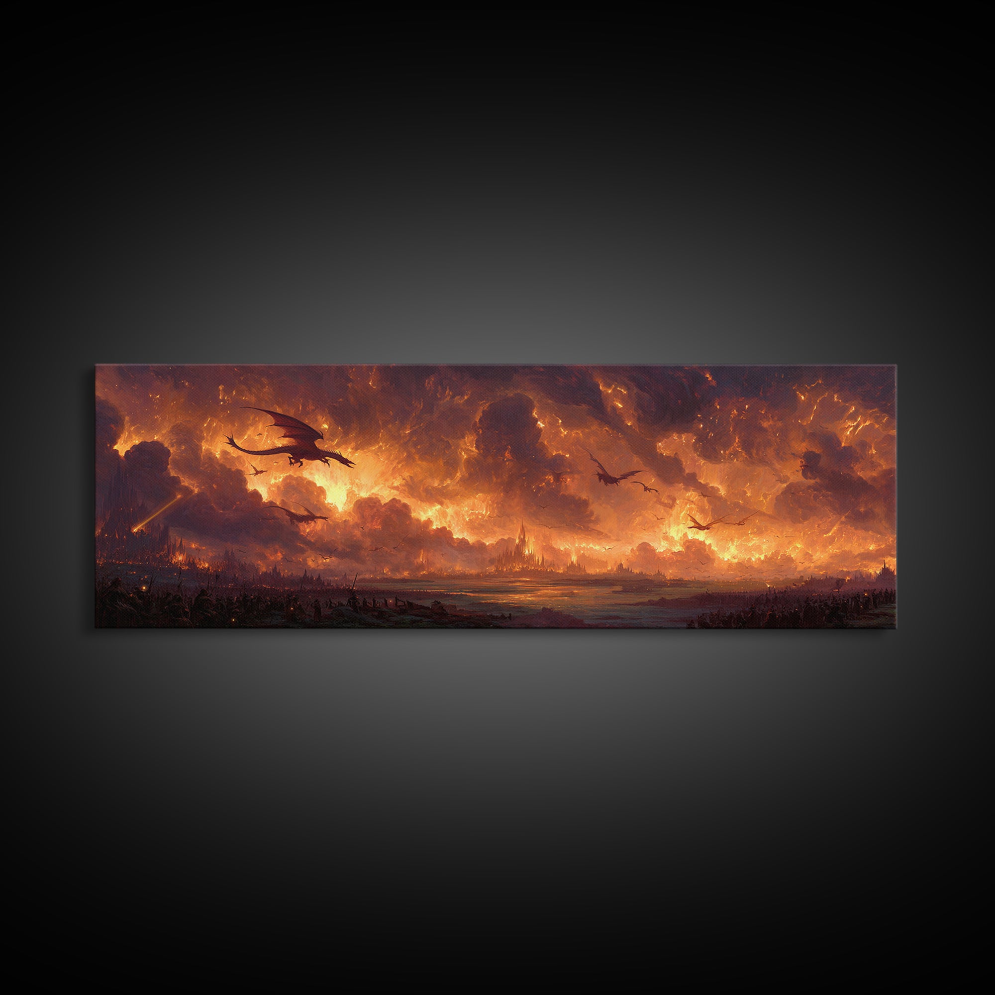 Fiery Dragons Over Apocalyptic Kingdom Framed Canvas Print, Dark Fantasy Wall Art, Epic Dragon Battle Home Decor For Game Room