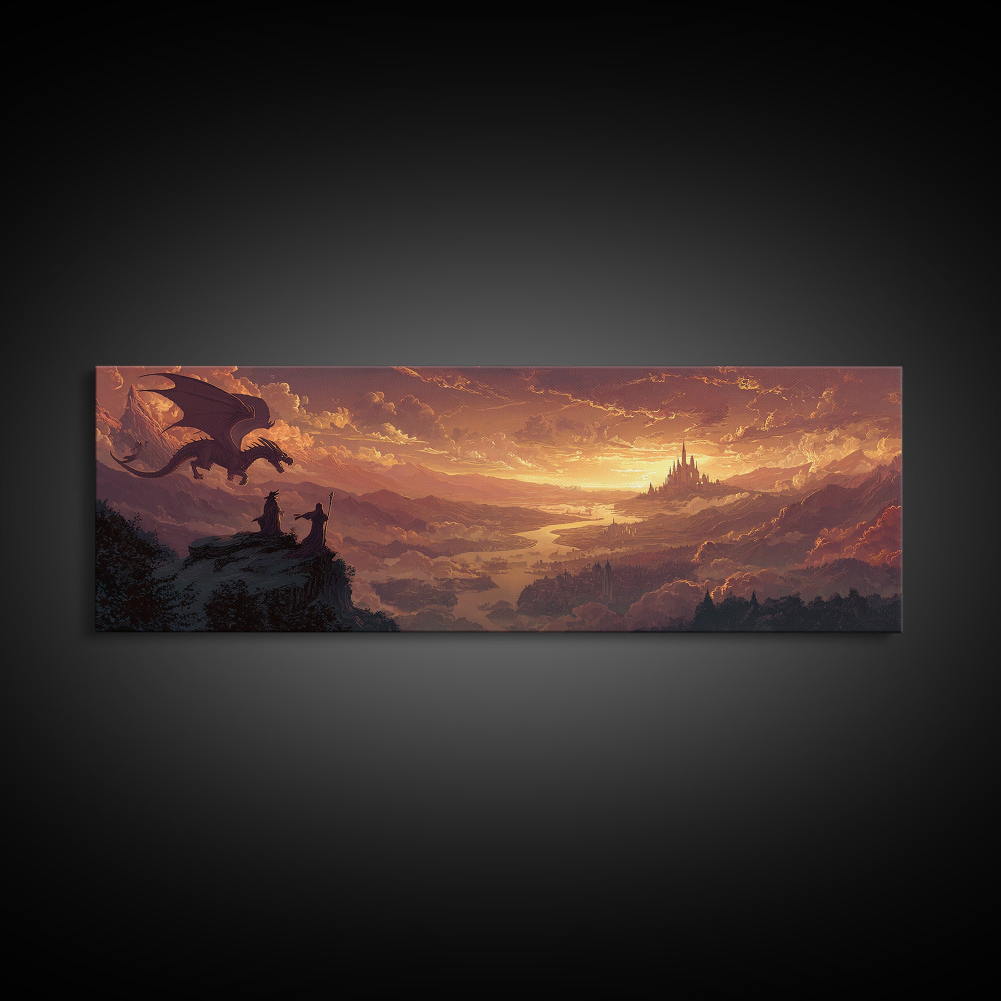 Sunset Dragon Watchers Above Golden Valley Canvas Print, Fantasy Landscape Wall Art, Medieval Castle Home Decor Gift For Him