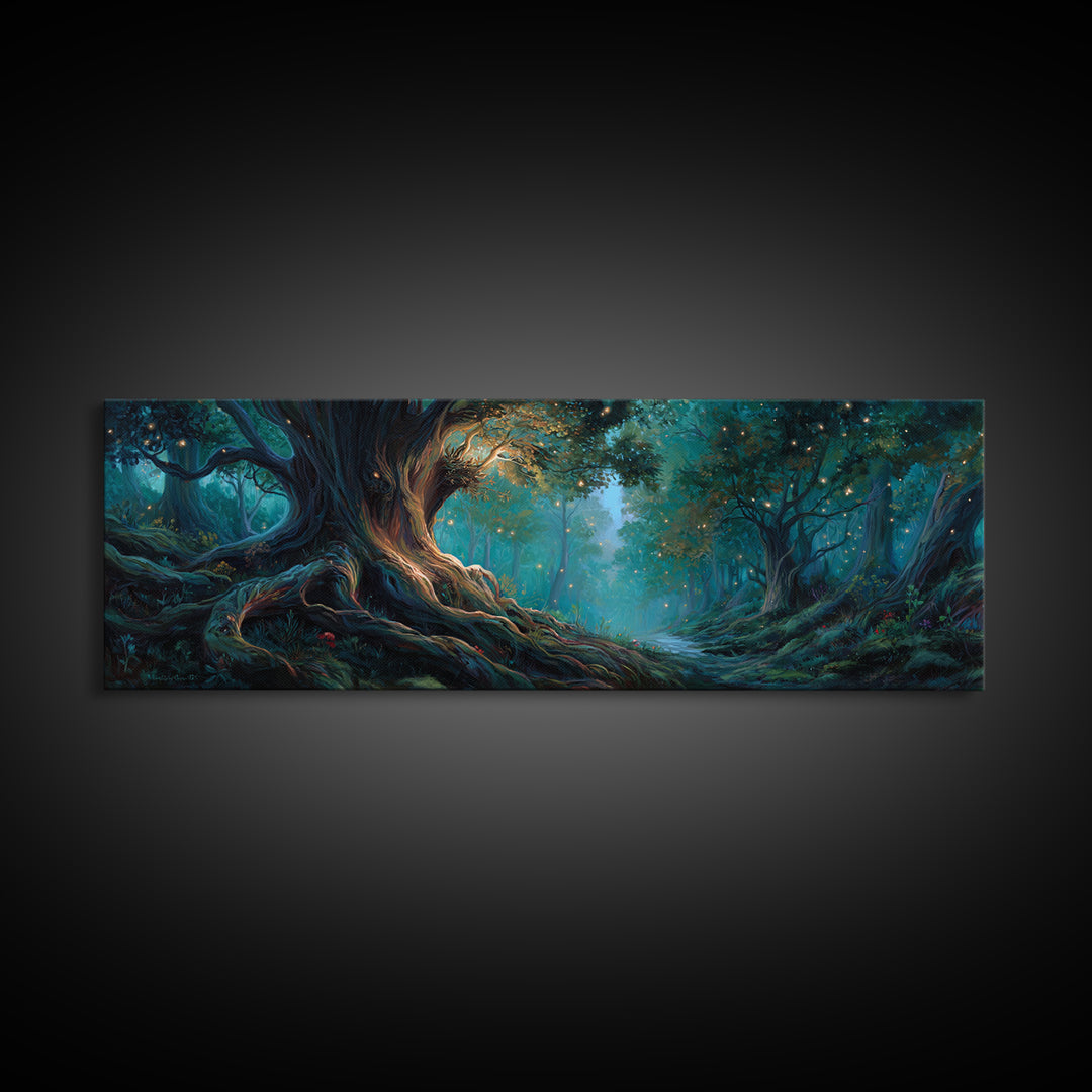 Ancient Glowing Tree In Enchanted Forest Framed Canvas Print, Fantasy Woodland Wall Art, Moody Nature Home Decor Gift For Her