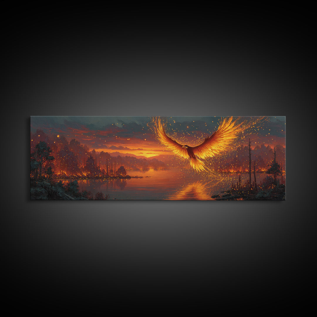 Fiery Phoenix Rising Over Burning Lake Framed Canvas Print, Fantasy Bird Wall Art, Large Vibrant Nature Home Decor Gift For Her