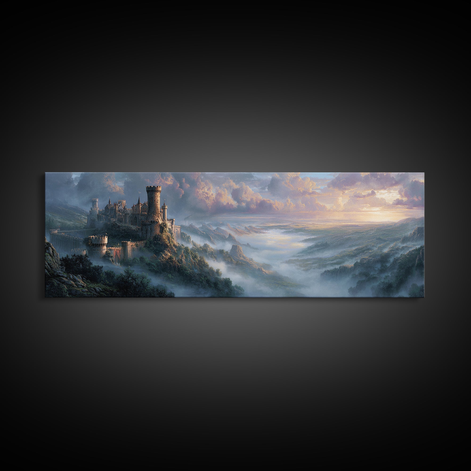 Misty Mountain Castle Above Clouded Valley Framed Canvas Print, Medieval Fantasy Wall Art, Large Landscape Home Decor Gift