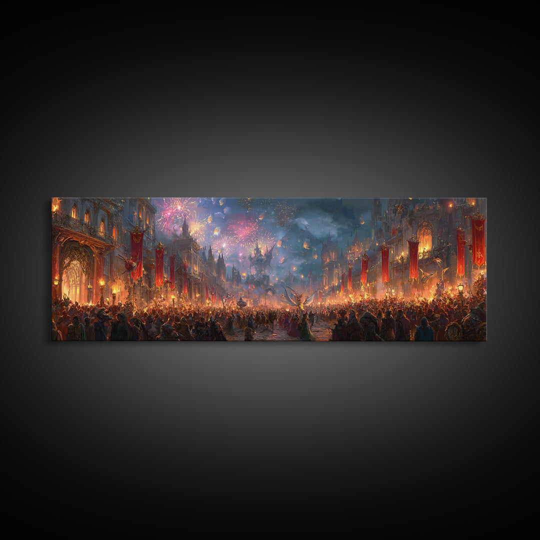 Firework Festival In Magical Medieval City Canvas Print, Fantasy City Wall Art, Maximalist Living Room Home Decor Gift Idea