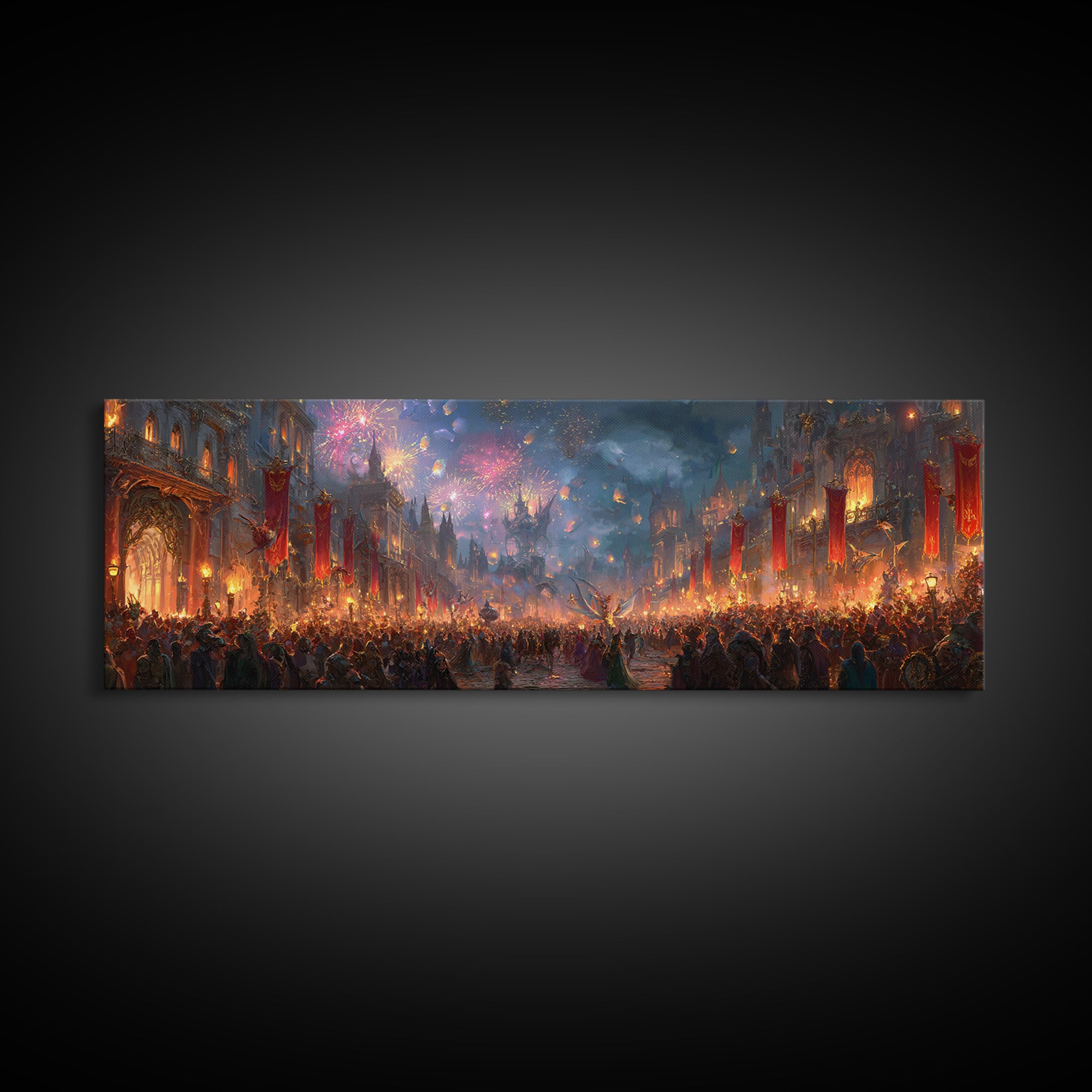 Firework Festival In Magical Medieval City Canvas Print, Fantasy City Wall Art, Maximalist Living Room Home Decor Gift Idea