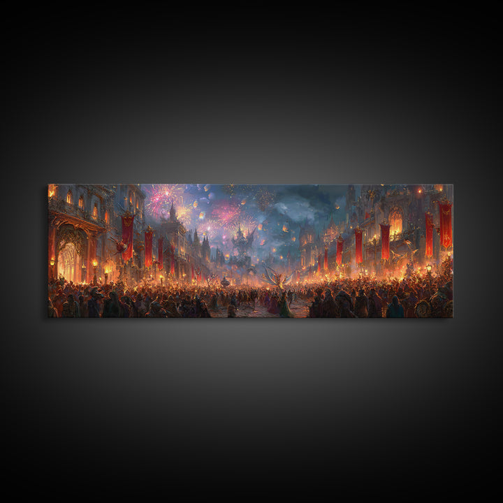 Firework Festival In Magical Medieval City Canvas Print, Fantasy City Wall Art, Maximalist Living Room Home Decor Gift Idea