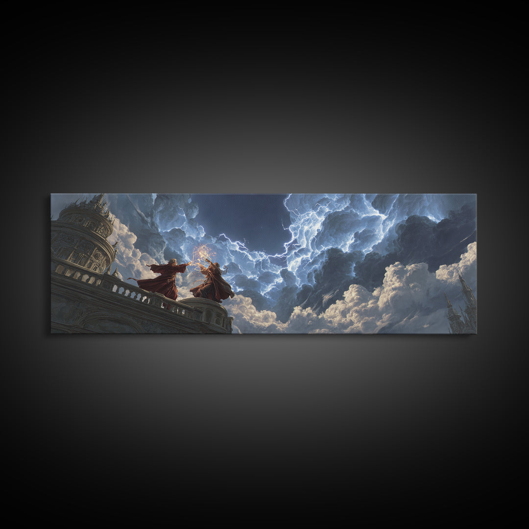 Wizards Casting Lightning Above Storm Clouds Framed Canvas Print, Dark Fantasy Wall Art, Dramatic Gothic Home Decor Gift