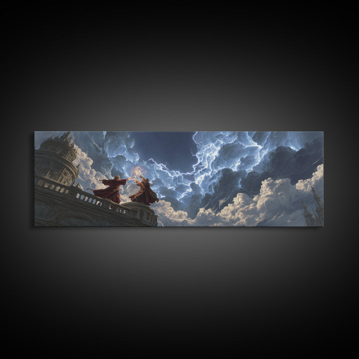 Wizards Casting Lightning Above Storm Clouds Framed Canvas Print, Dark Fantasy Wall Art, Dramatic Gothic Home Decor Gift