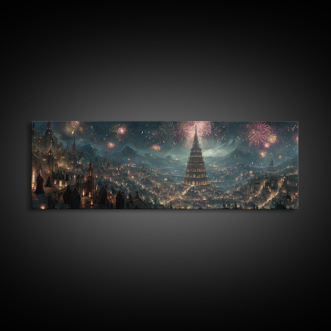 Grand Fantasy City With Fireworks And Tower Framed Canvas Print, Magical Castle Wall Art, Night Skyline Home Decor Gift For Her