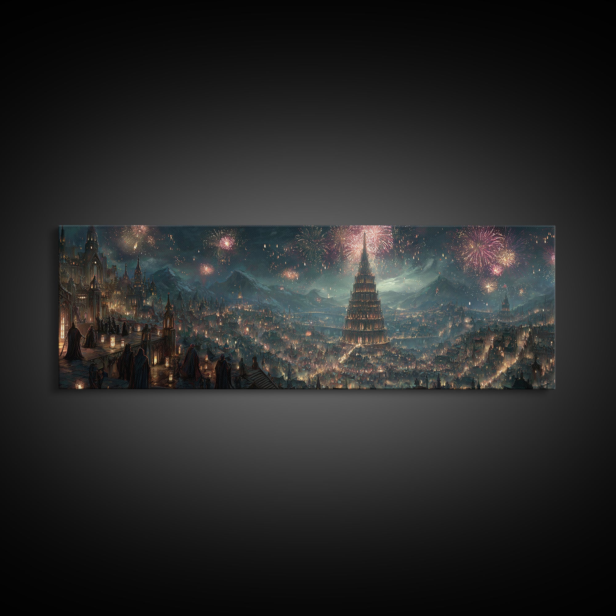 Grand Fantasy City With Fireworks And Tower Framed Canvas Print, Magical Castle Wall Art, Night Skyline Home Decor Gift For Her