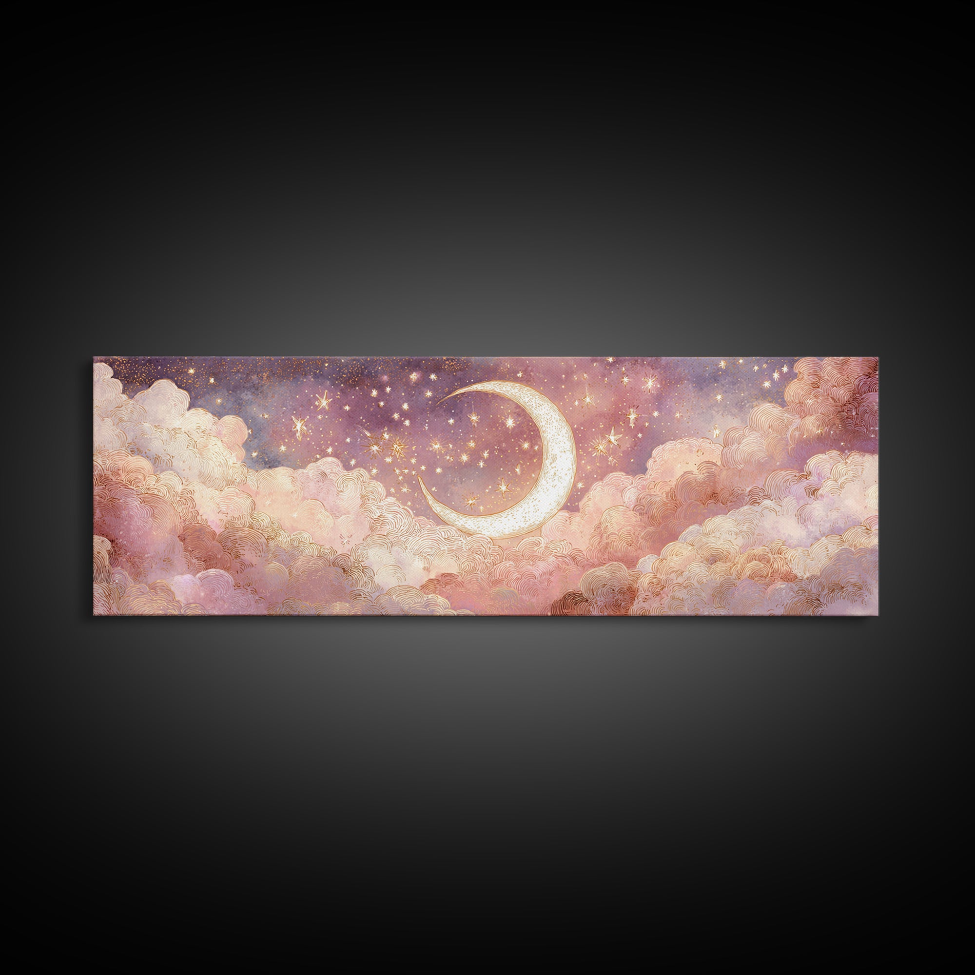Glowing Crescent Moon In Pink Clouds Wall Art, Dreamy Celestial Nursery Decor, Whimsical Bedroom Decor, Framed Canvas Print