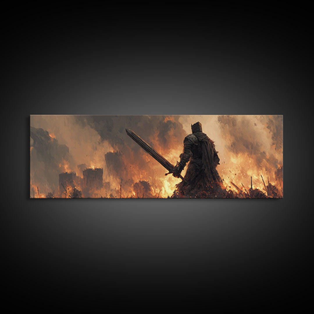 Epic Knight Dark Fantasy Sword Warrior Fire Castle Scene Canvas Print Wall Art For Medieval And Fantasy Home Decor