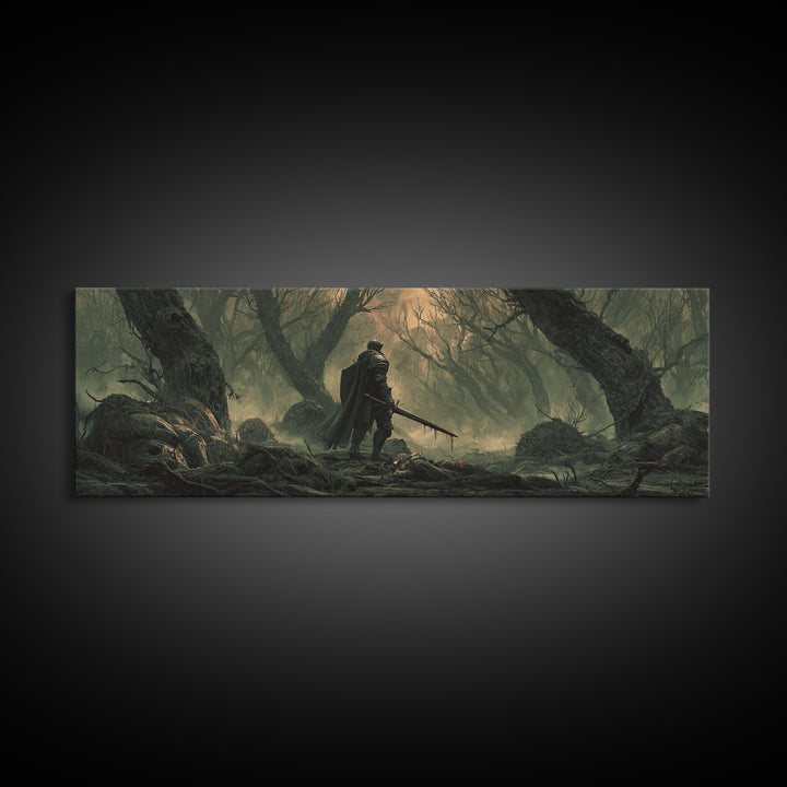 Dramatic Moody Forest Warrior Knight Painting Dark Art Framed Canvas Print Medieval Wall Art Home Decor