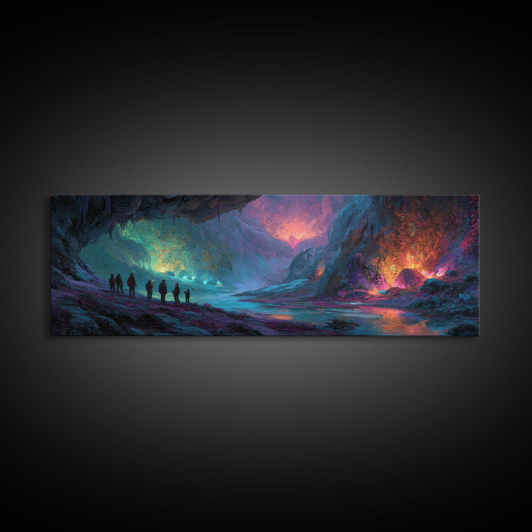 Mystical Illuminated Cave Explorers Awesome Fantasy Landscape Artwork Canvas Print Wall Art For Unique Home Decor