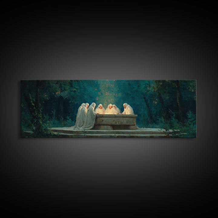 Spiritual Gathering Of Monks Around Glowing Stone Altar Framed Canvas Print