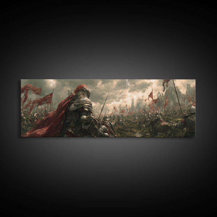 Armored Knight On Stormy Battlefield Framed Canvas Print, Medieval Fantasy Wall Art, Warrior Decor, Gift For Him, Man Cave Decor