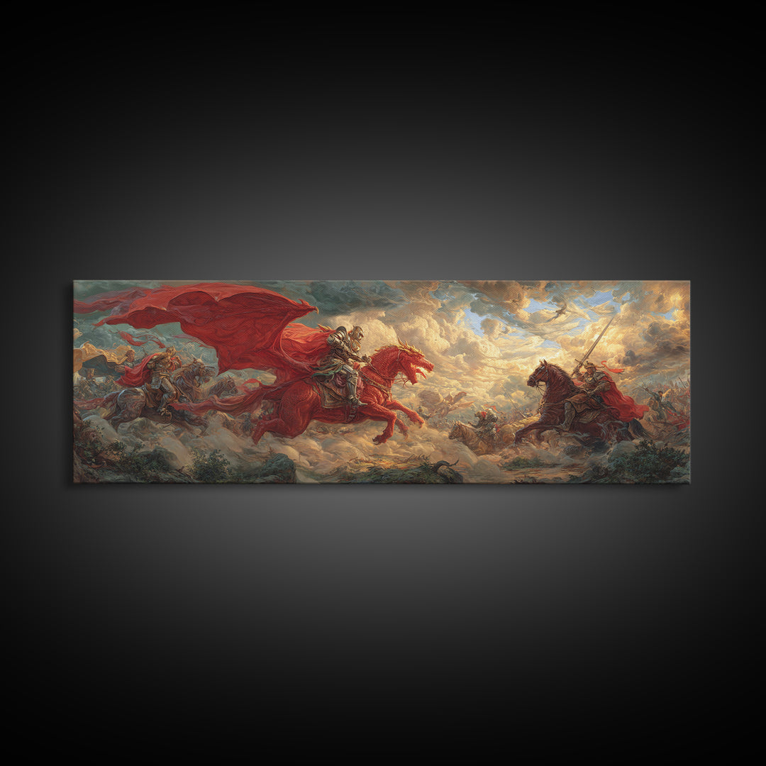 Red Cavalry Charge Across Battlefield Framed Canvas Print, Medieval Fantasy Wall Art, Warrior Decor, Statement Artwork Gift