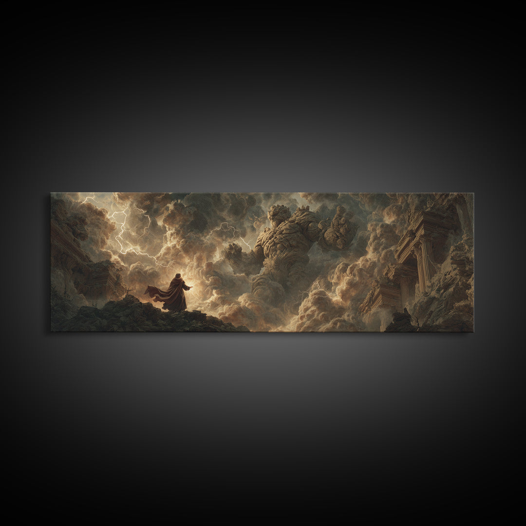 Dramatic Stormy Scene With Giant Stone Creature And Wizard Fantasy Painting Canvas Print Statement Wall Art For Fantasy Fans