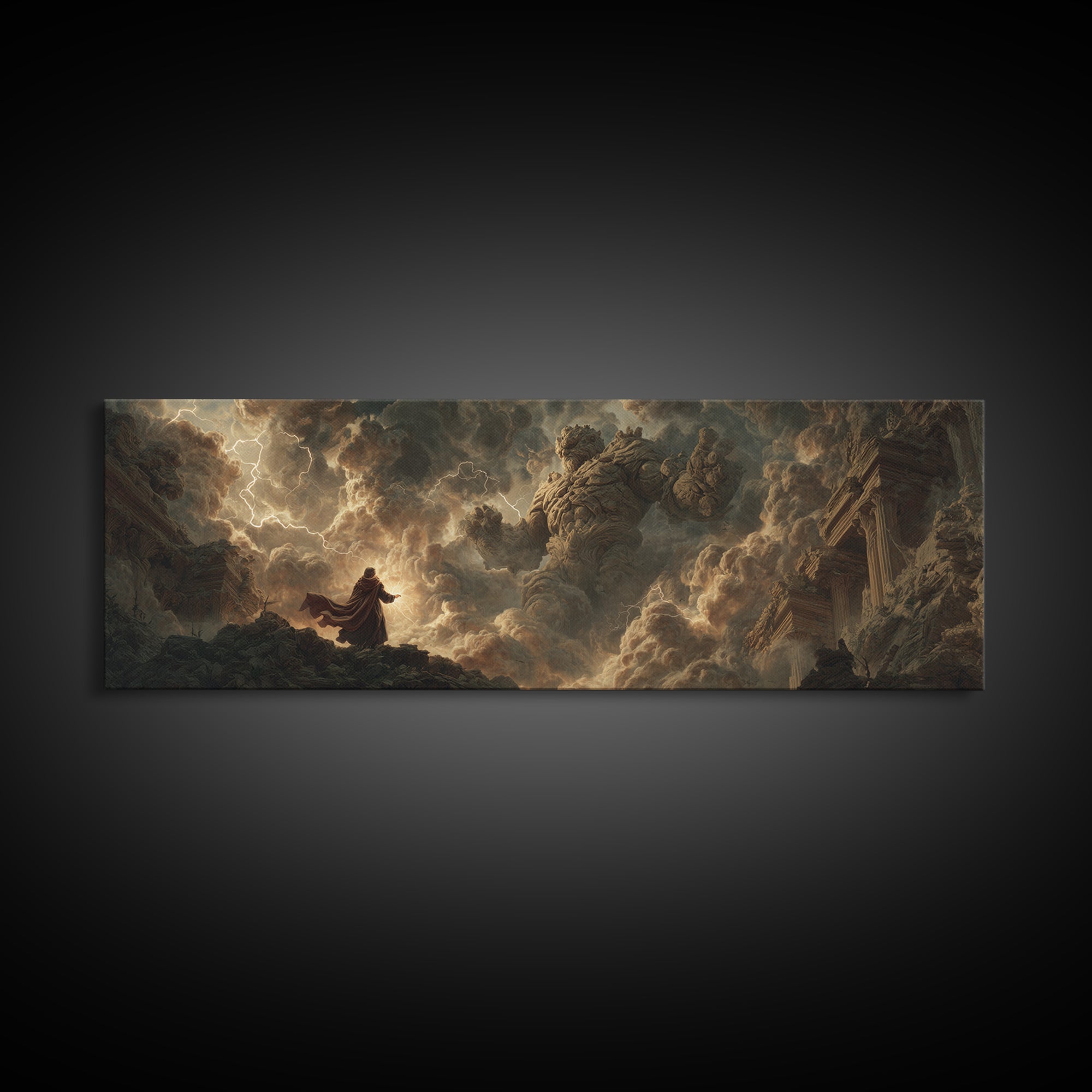 Dramatic Stormy Scene With Giant Stone Creature And Wizard Fantasy Painting Canvas Print Statement Wall Art For Fantasy Fans
